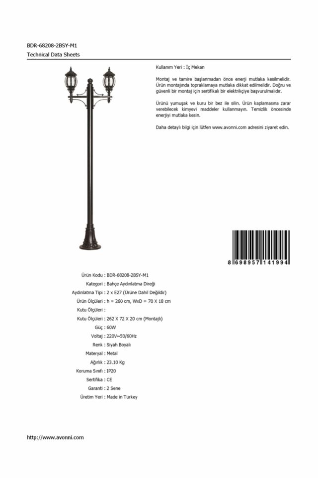 Bahçe Direkleri E27 24W 70x18cm Çelik Boru Siyah Dorbien-BDR-68208-2BSY-M1