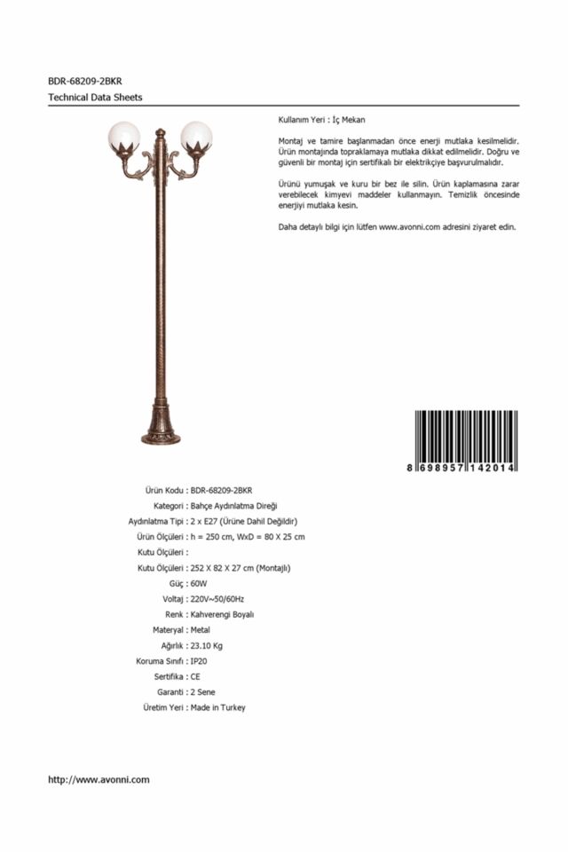 Bahçe Direkleri E27 24W 80x25cm Çelik Boru Kahverengi Dorbien-BDR-68209-2BKR