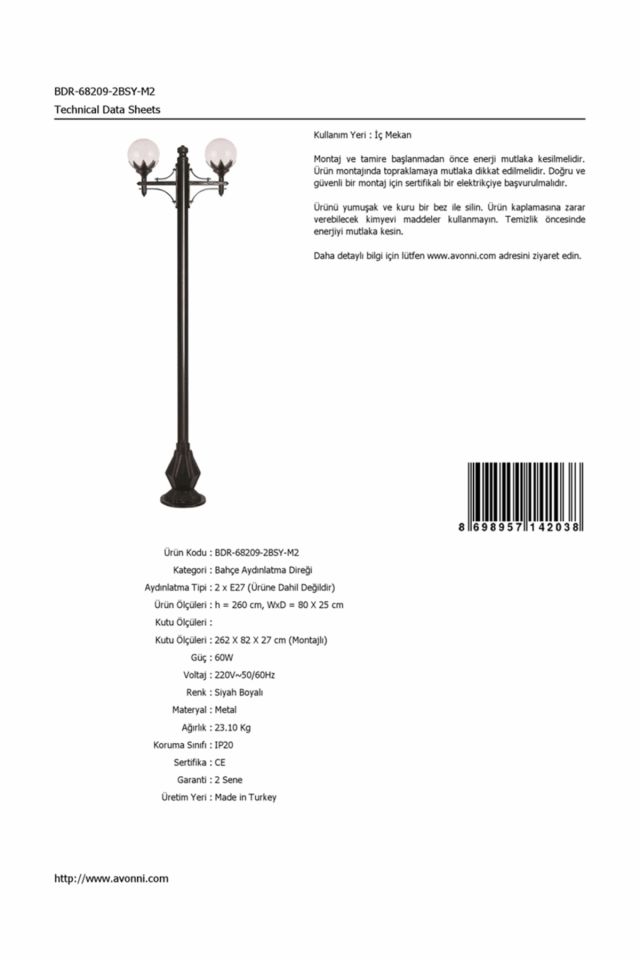 Bahçe Direkleri E27 24W 80x25cm Çelik Boru Siyah Dorbien-BDR-68209-2BSY-M2