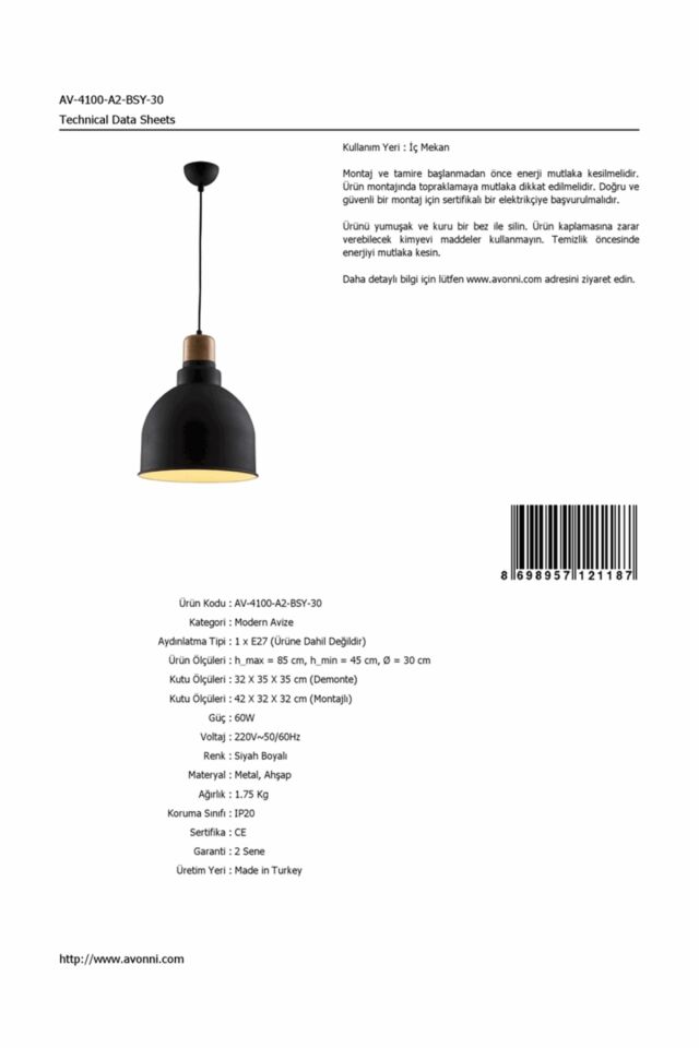 Mimoza Sarkıt E27 12W 30cm Metal Siyah Avonni-AV-4100-A2-BSY-30