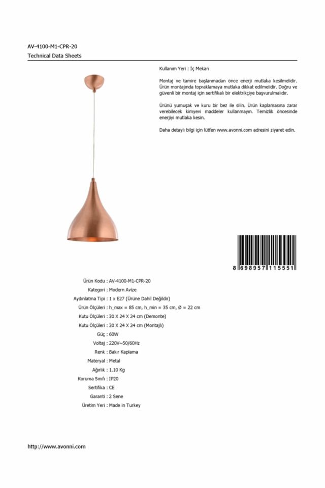Mimoza Sarkıt E27 12W 22cm Metal Bakır Avonni-AV-4100-M1-CPR-20