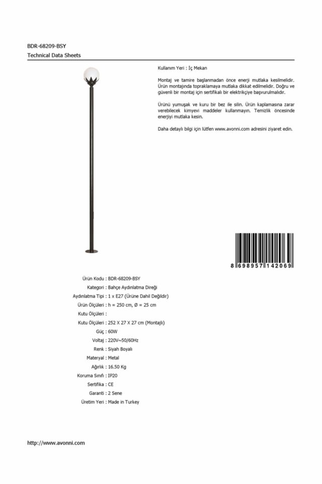 Bahçe Direkleri E27 12W 25cm Çelik Boru Siyah Dorbien-BDR-68209-BSY