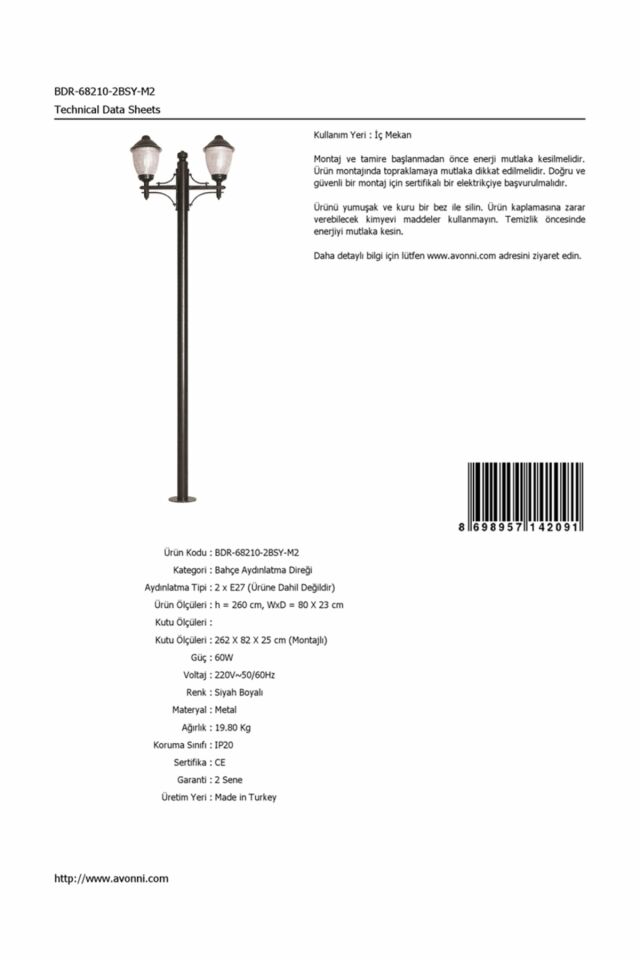 Bahçe Direkleri E27 24W 80x23cm Çelik Boru Siyah Dorbien-BDR-68210-2BSY-M2
