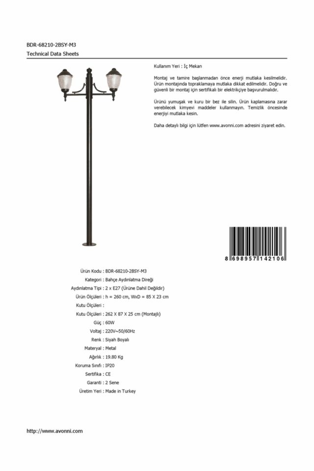 Bahçe Direkleri E27 24W 85x23cm Çelik Boru Siyah Dorbien-BDR-68210-2BSY-M3