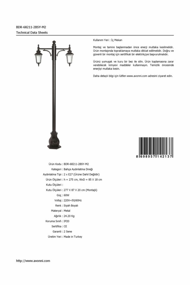 Bahçe Direkleri E27 24W 85x18cm Çelik Boru Siyah Dorbien-BDR-68211-2BSY-M2
