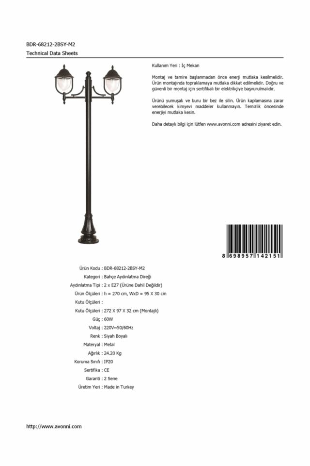 Bahçe Direkleri E27 24W 95x30cm Çelik Boru Siyah Dorbien-BDR-68212-2BSY-M2