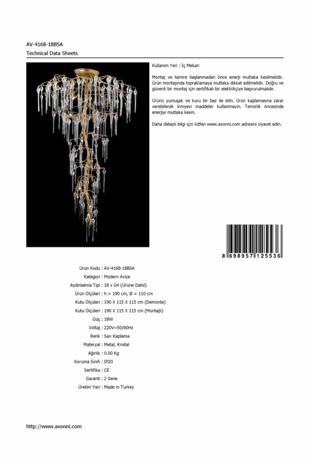 Tılsım Klasik Avize G4 54W 110cm Metal Sarı Avonni-AV-4168-18BSA