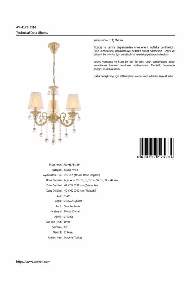 Salto Klasik Avize E14 18W 44cm Metal Sarı Avonni-AV-4173-3SM