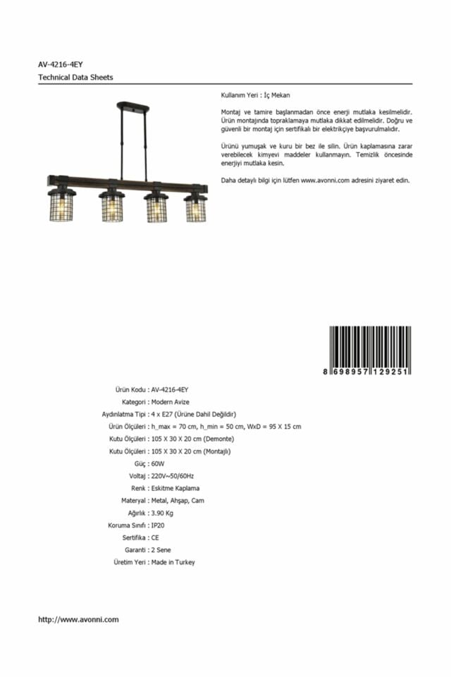 Sığınak Modern Avize E27 48W 95x15cm Metal Eskitme Avonni-AV-4216-4EY