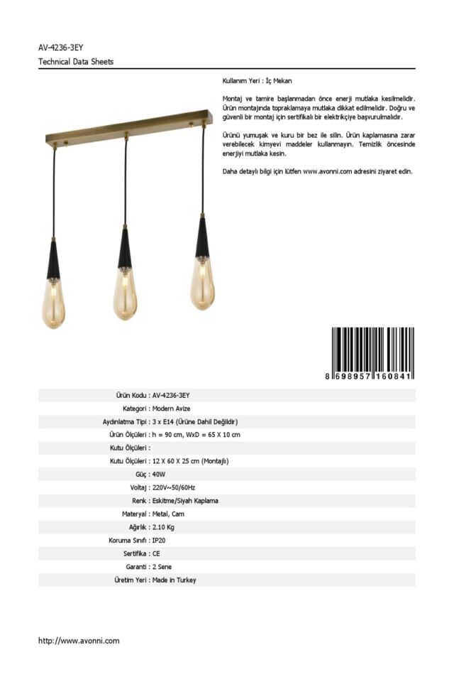 Zümre Modern Avize E14 18W 65x10cm Metal Eskitme Avonni-AV-4236-3EY