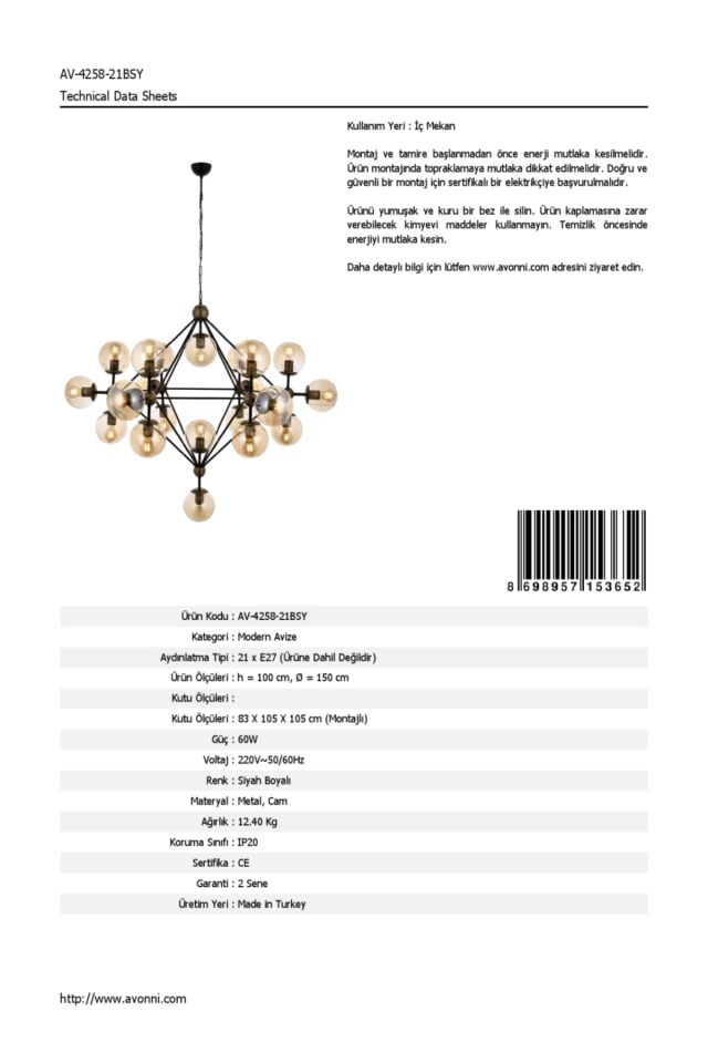 Bee Modern Avize E27 252W 150cm Metal Siyah Avonni-AV-4258-21BSY