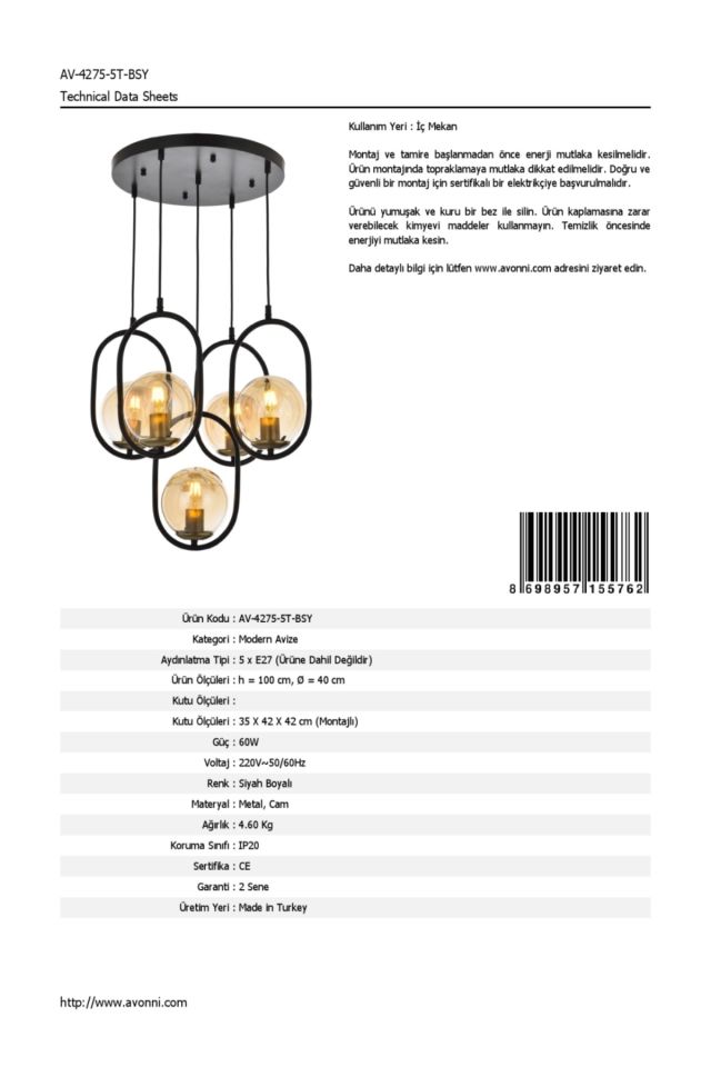 Catch Modern Avize E27 60W 40cm Metal Siyah Avonni-AV-4275-5T-BSY