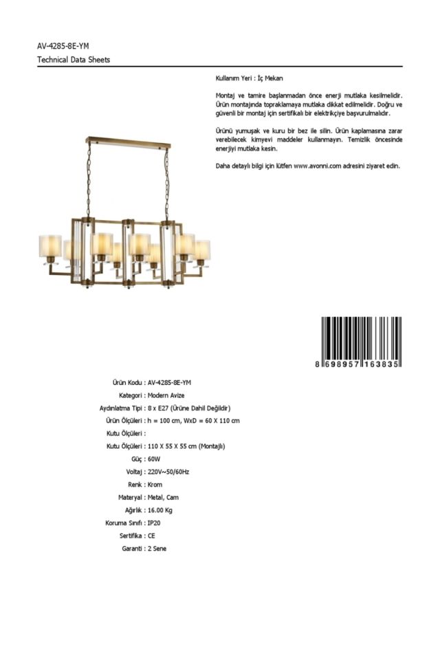 Beach Modern Avize E27 96W 110x60cm Metal Eskitme Avonni-AV-4285-8E-YM
