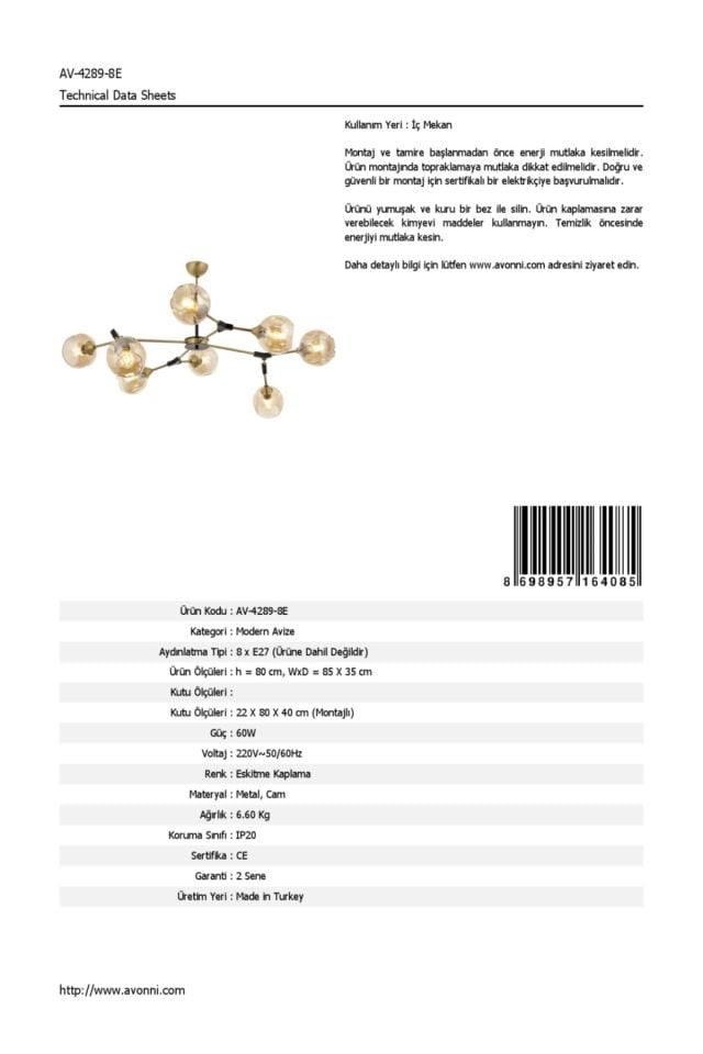Hücre Modern Avize E27 96W 85x35cm Metal Eskitme Avonni-AV-4289-8E