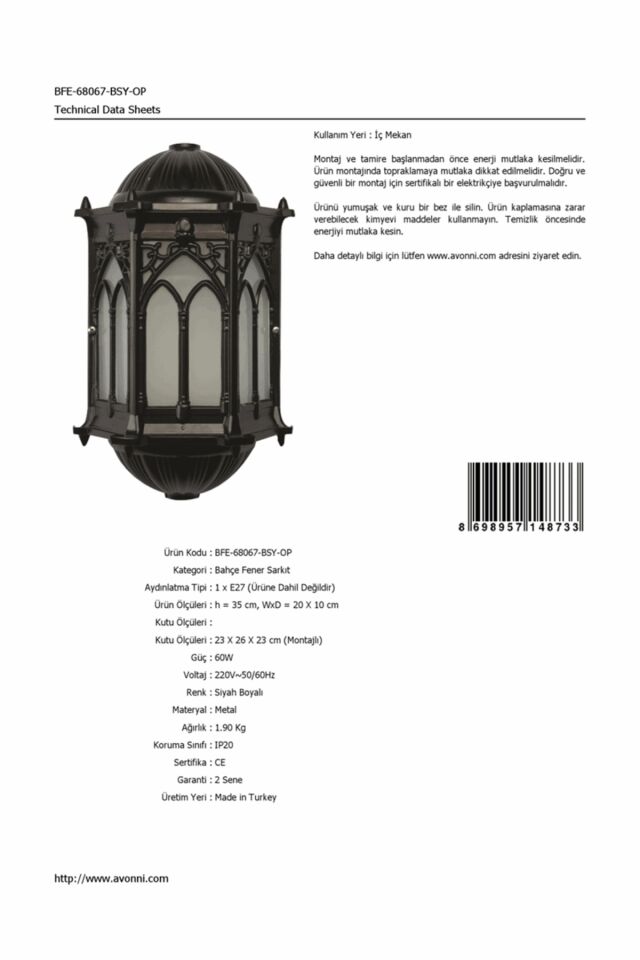 Bahçe Fenerleri E27 12W 20x10cm Alüminyum Siyah Dorbien-BFE-68067-BSY-OP