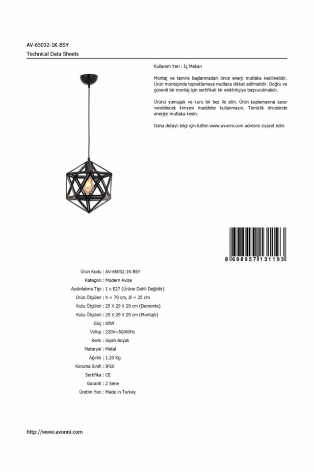 Astral Sarkıt E27 12W 25cm Metal Siyah Avonni-AV-65032-1K-BSY