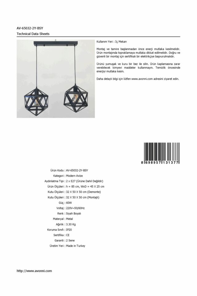 Astral Modern Avize E27 24W 45x25cm Metal Siyah Avonni-AV-65032-2Y-BSY