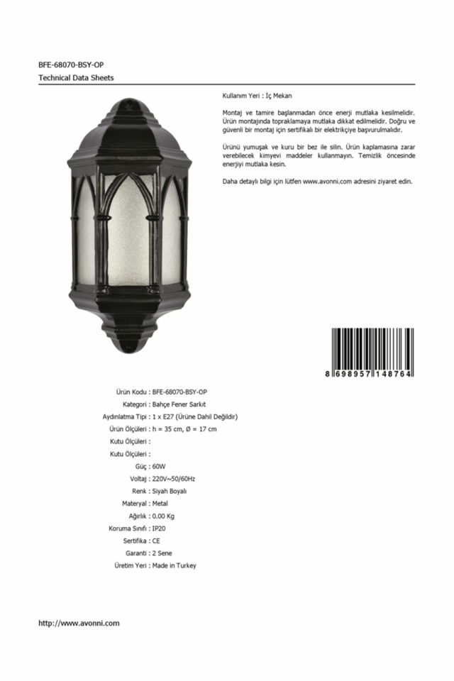 Bahçe Fenerleri E27 12W 17cm Alüminyum Siyah Dorbien-BFE-68070-BSY-OP