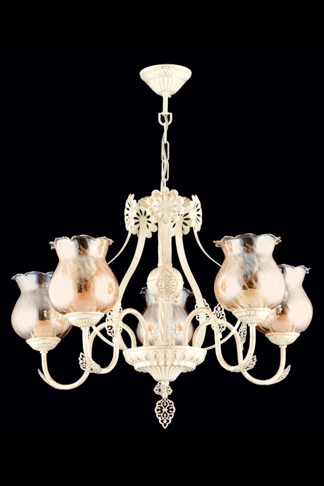 Ceren Klasik Avize E27 60W 58cm Metal Krem Ferforje Dorbien-AV-65114-5S