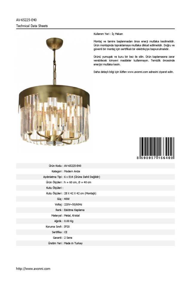 Ceremony Klasik Avize E14 36W 40cm Metal Eskitme Dorbien-AV-65225-E40
