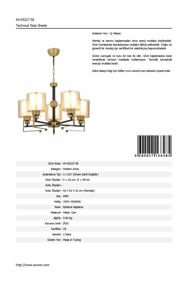 Shine Modern Avize E27 60W 58cm Metal Eskitme Dorbien-AV-65227-5E