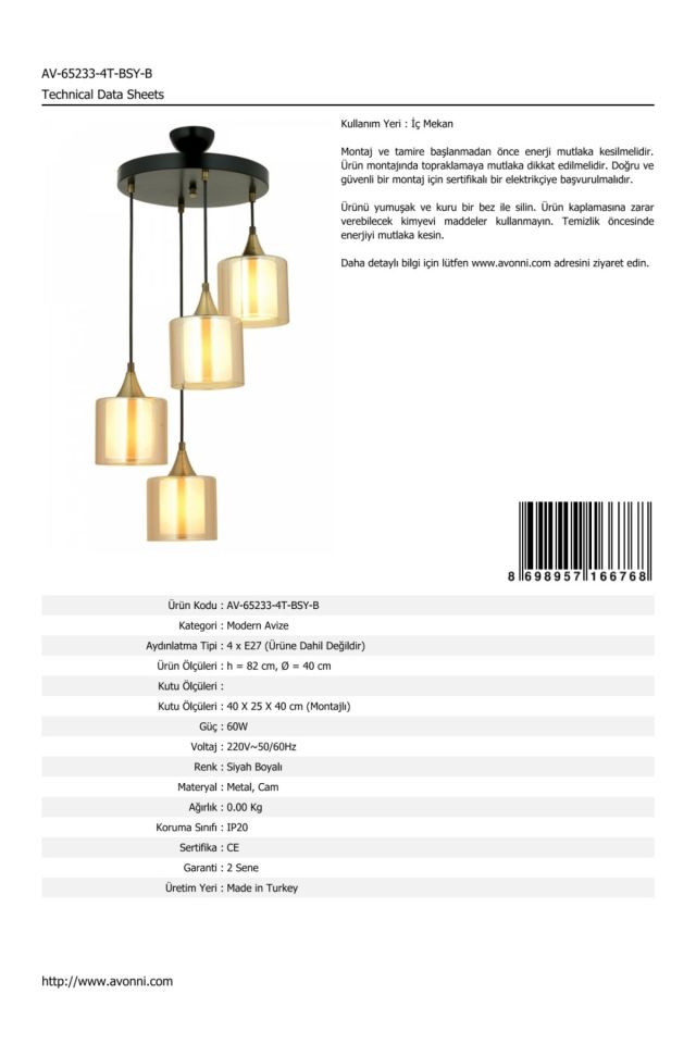 Selvi Modern Avize E27 48W 40cm Metal Siyah Dorbien-AV-65233-4T-BSY-B