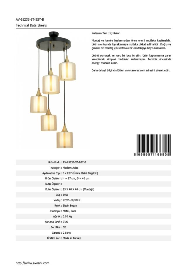 Selvi Modern Avize E27 60W 40cm Metal Siyah Dorbien-AV-65233-5T-BSY-B