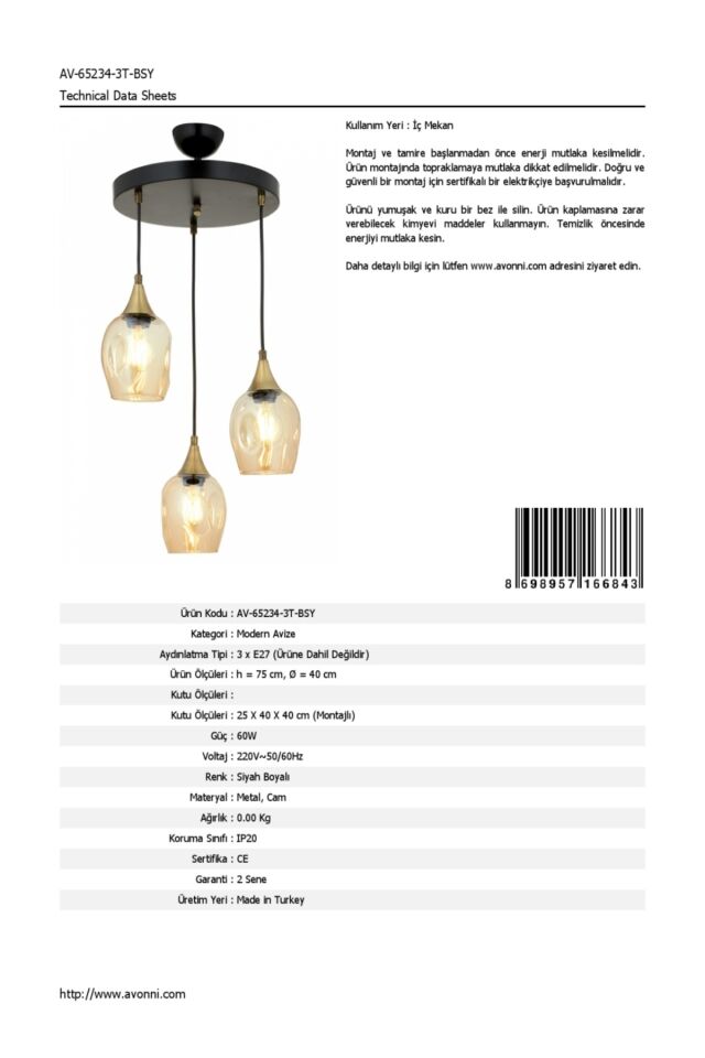 Selvi Modern Avize E27 36W 40cm Metal Siyah Dorbien-AV-65234-3T-BSY