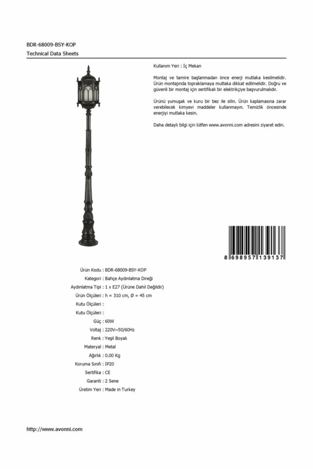 Bahçe Direkleri E27 12W 45cm Alüminyum Yeşil Dorbien-BDR-68009-BSY-KOP