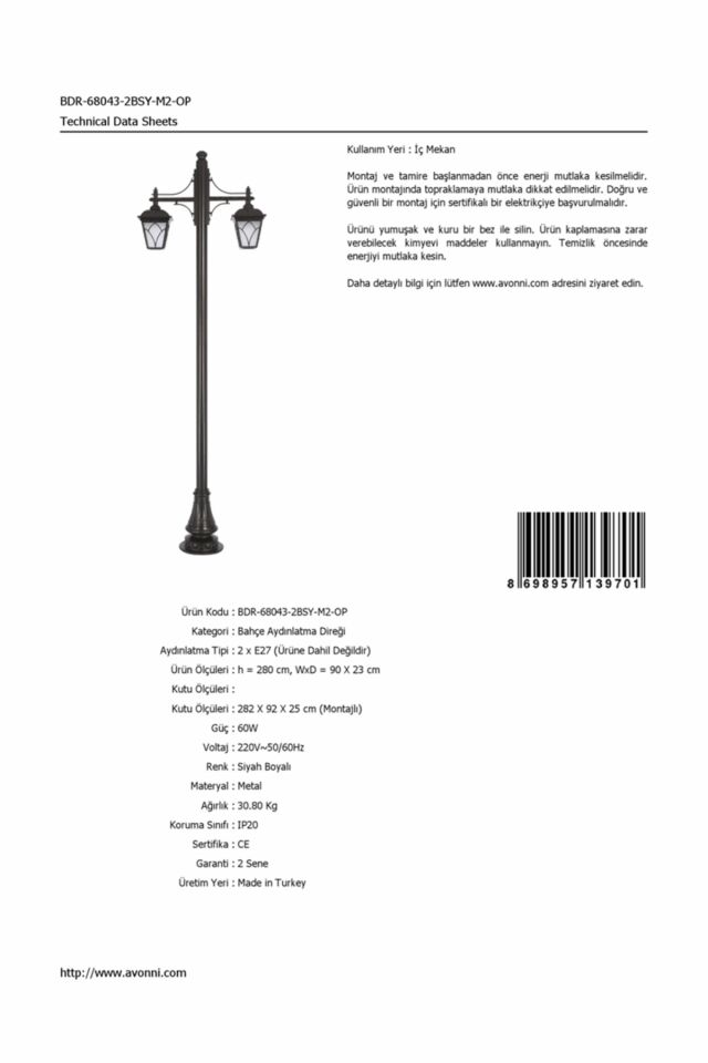 Bahçe Direkleri E27 24W 90x23cm Alüminyum Siyah Dorbien-BDR-68043-2BSY-M2-OP