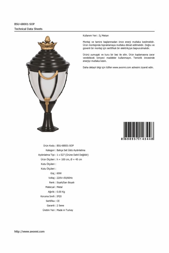 Bahçe Set Üstü Aydınlatma E27 12W 45cm Alüminyum Sarı/Siyah Dorbien-BSU-68001-SOP