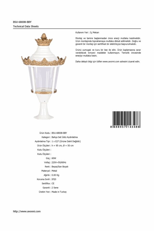 Bahçe Set Üstü Aydınlatma E27 12W 50cm Alüminyum Beyaz/Sarı Dorbien-BSU-68008-BBY