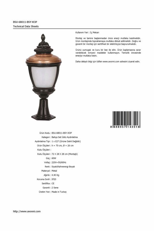 Bahçe Set Üstü Aydınlatma E27 12W 26cm Alüminyum Kahverengi/Siyah Dorbien-BSU-68011-BSY-KOP