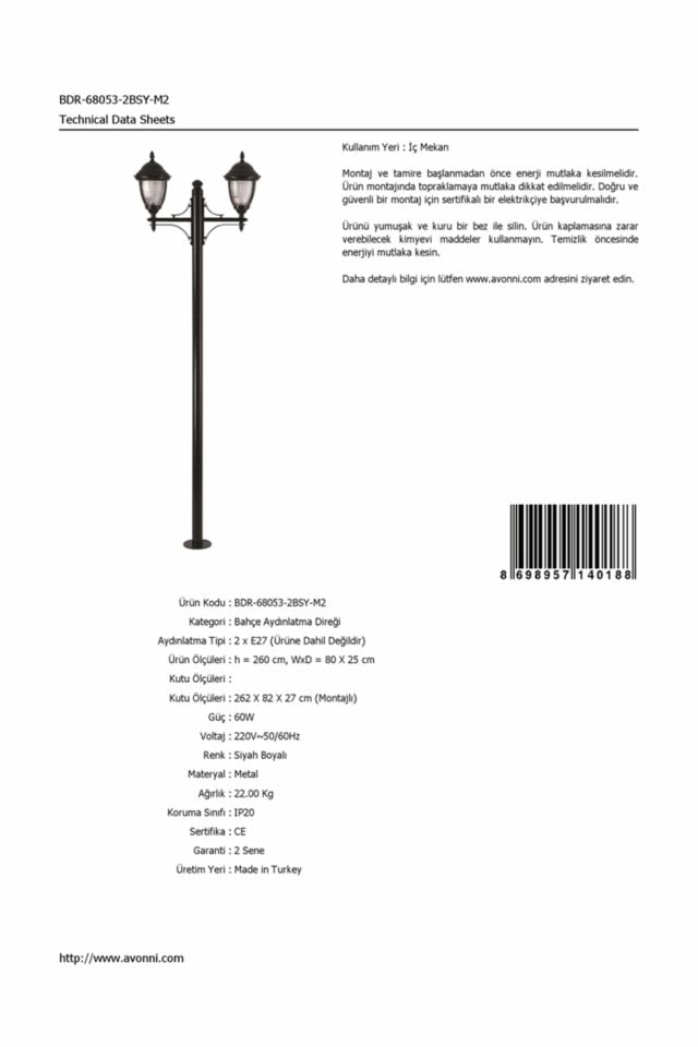 Bahçe Direkleri E27 24W 80x25cm Alüminyum Siyah Dorbien-BDR-68053-2BSY-M2