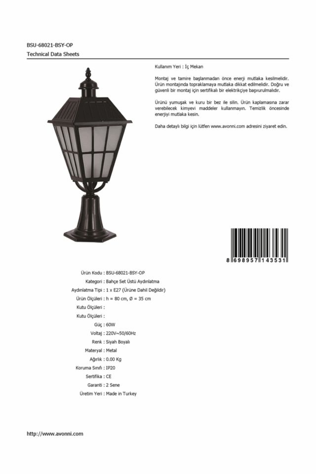 Bahçe Set Üstü Aydınlatma E27 12W 35cm Alüminyum Siyah Dorbien-BSU-68021-BSY-OP