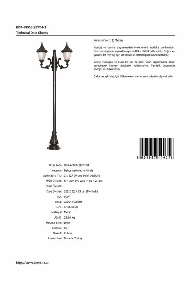 Bahçe Direkleri E27 24W 80x27cm Alüminyum Siyah Dorbien-BDR-68056-2BSY-M1