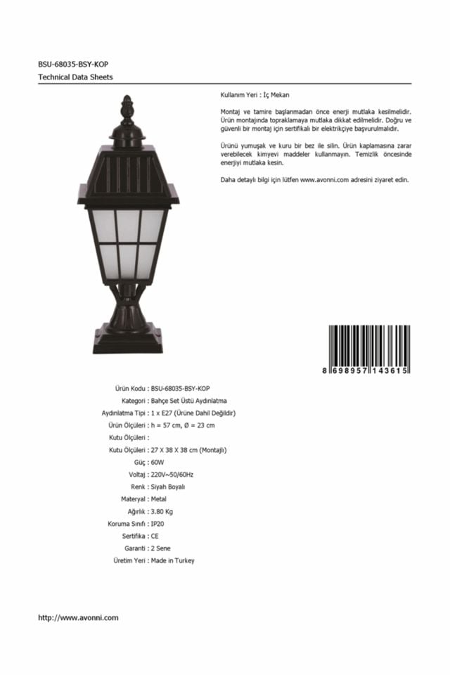 Bahçe Set Üstü Aydınlatma E27 12W 23cm Alüminyum Siyah Dorbien-BSU-68035-BSY-KOP