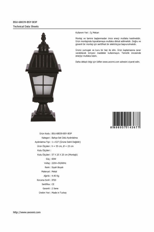 Bahçe Set Üstü Aydınlatma E27 12W 23cm Alüminyum Siyah Dorbien-BSU-68039-BSY-BOP
