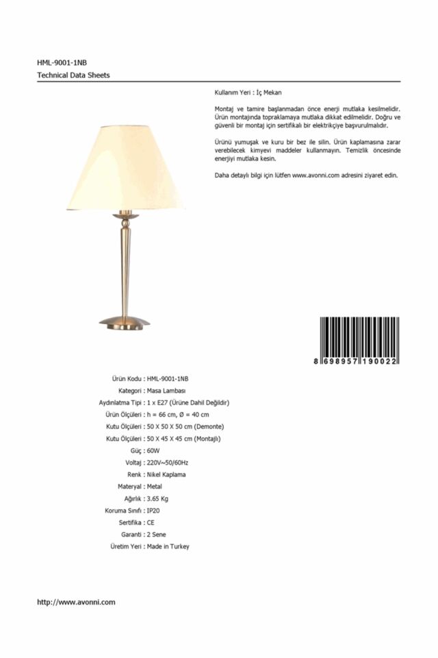 Malta Abajur E27 12W 40cm Metal Nikel Avonni-HML-9001-1NB
