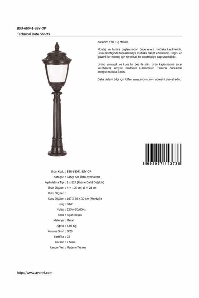 Bahçe Set Üstü Aydınlatma E27 12W 28cm Alüminyum Siyah Dorbien-BSU-68041-BSY-OP