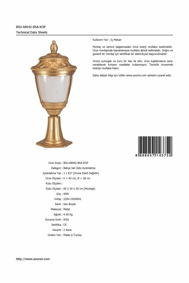 Bahçe Set Üstü Aydınlatma E27 12W 28cm Alüminyum Sarı Dorbien-BSU-68042-BSA-KOP