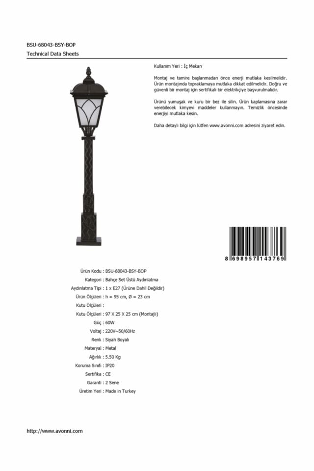 Bahçe Set Üstü Aydınlatma E27 12W 23cm Alüminyum Siyah Dorbien-BSU-68043-BSY-BOP