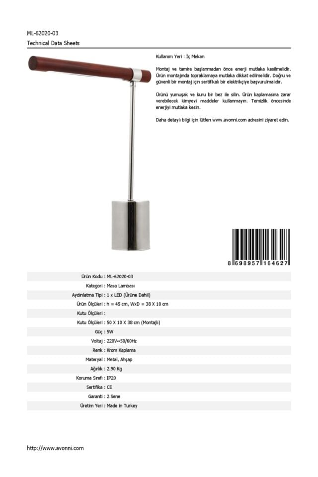 Reader Çalışma Masası Lambası LED 5W 38x10cm Metal Krom Avonni-ML-62020-03