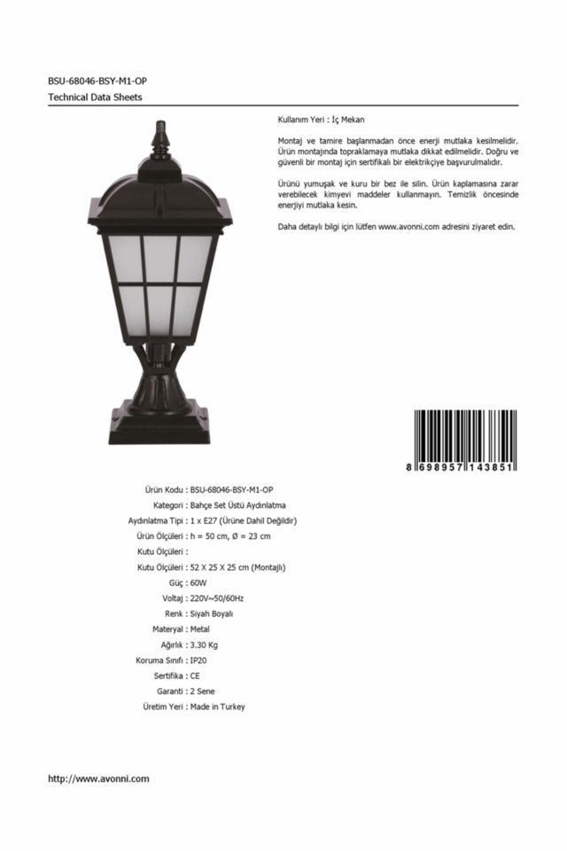 Bahçe Set Üstü Aydınlatma E27 12W 23cm Alüminyum Siyah Dorbien-BSU-68046-BSY-M1-OP