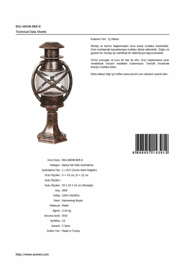 Bahçe Set Üstü Aydınlatma E27 12W 22cm Alüminyum Kahverengi Dorbien-BSU-68048-BKR-K