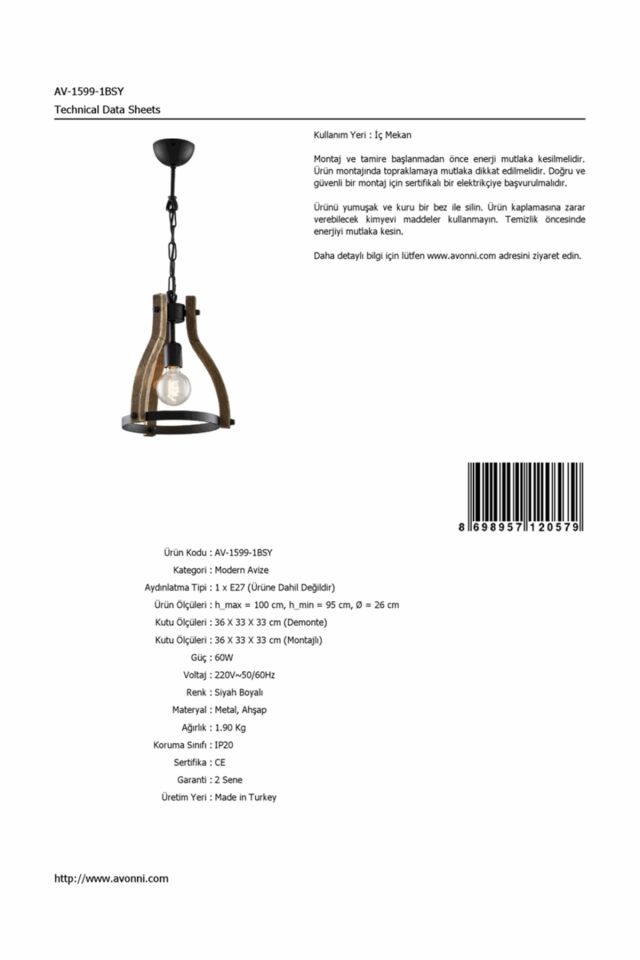 Bella Modern Avize E27 12W 26cm Metal Siyah Avonni-AV-1599-1BSY