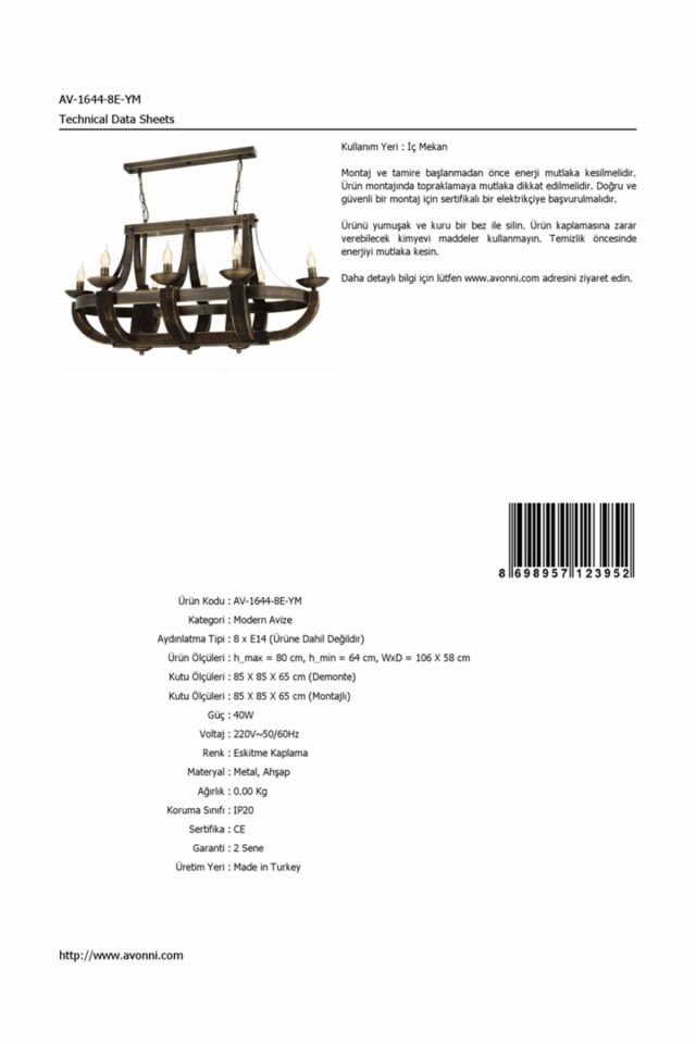 Gedik Modern Avize E14 48W 106x58cm Metal Eskitme Avonni-AV-1644-8E-YM