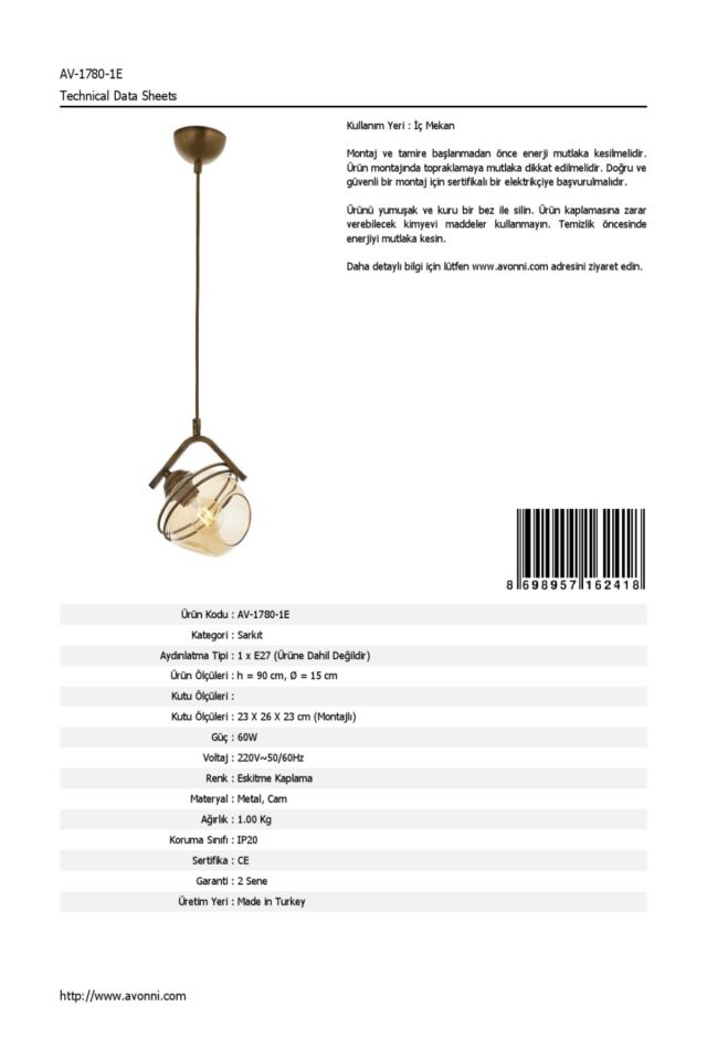 Eliz Modern Avize E27 12W 15cm Metal Eskitme Avonni-AV-1780-1E