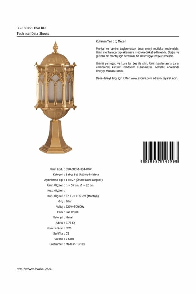 Bahçe Set Üstü Aydınlatma E27 12W 20cm Alüminyum Sarı Dorbien-BSU-68051-BSA-KOP