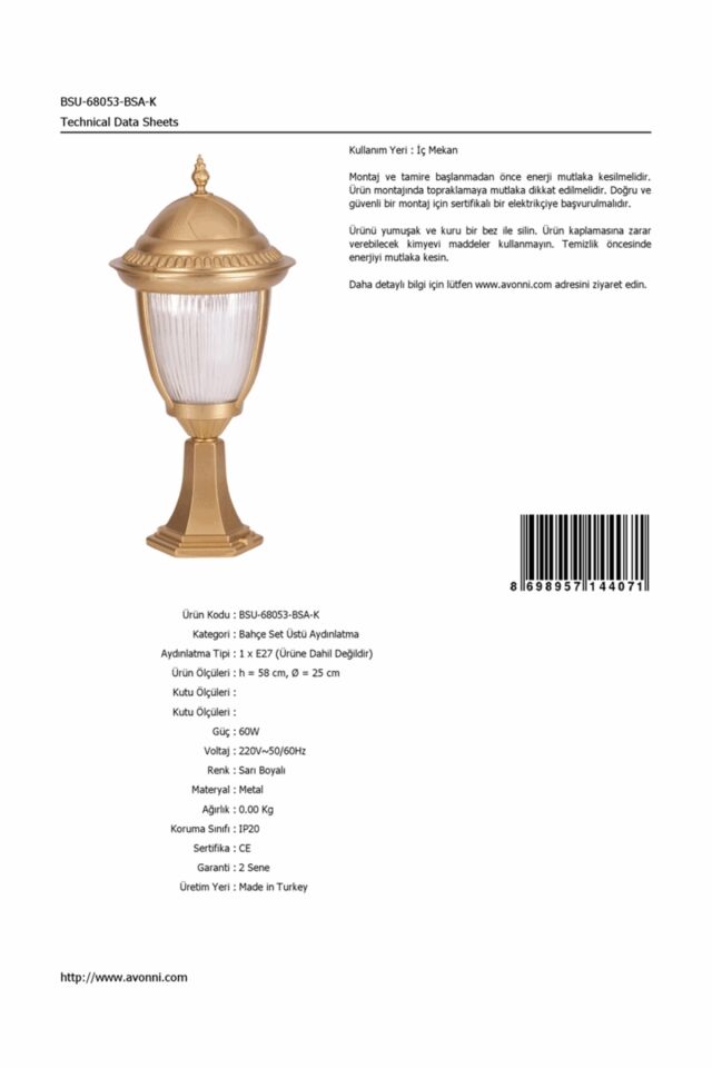 Bahçe Set Üstü Aydınlatma E27 12W 25cm Alüminyum Sarı Dorbien-BSU-68053-BSA-K